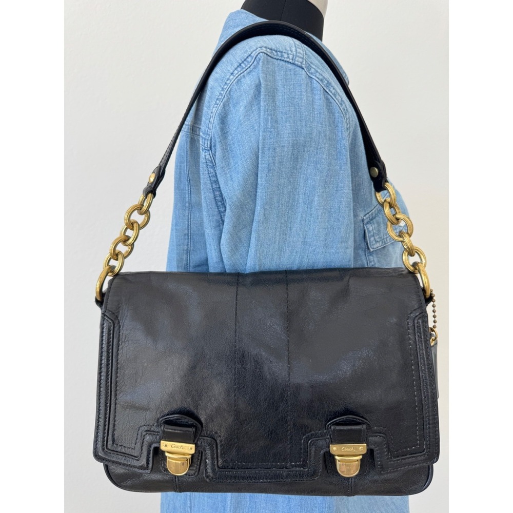 Coach Poppy Pushlock Flap Shoulder Leather Purse Handbag Black‎ Brass 17925